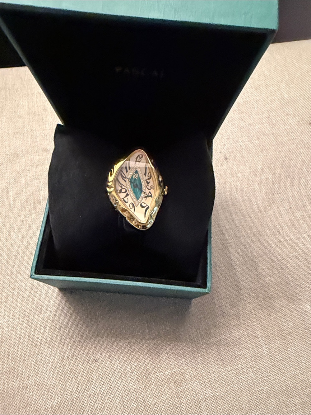 Pascal Gold Teardrop Statement Ring with Teal Inlay and diamonds